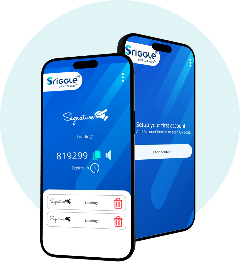 Sriggle Authenticator app screen showing a rotating six-digit TOTP code 